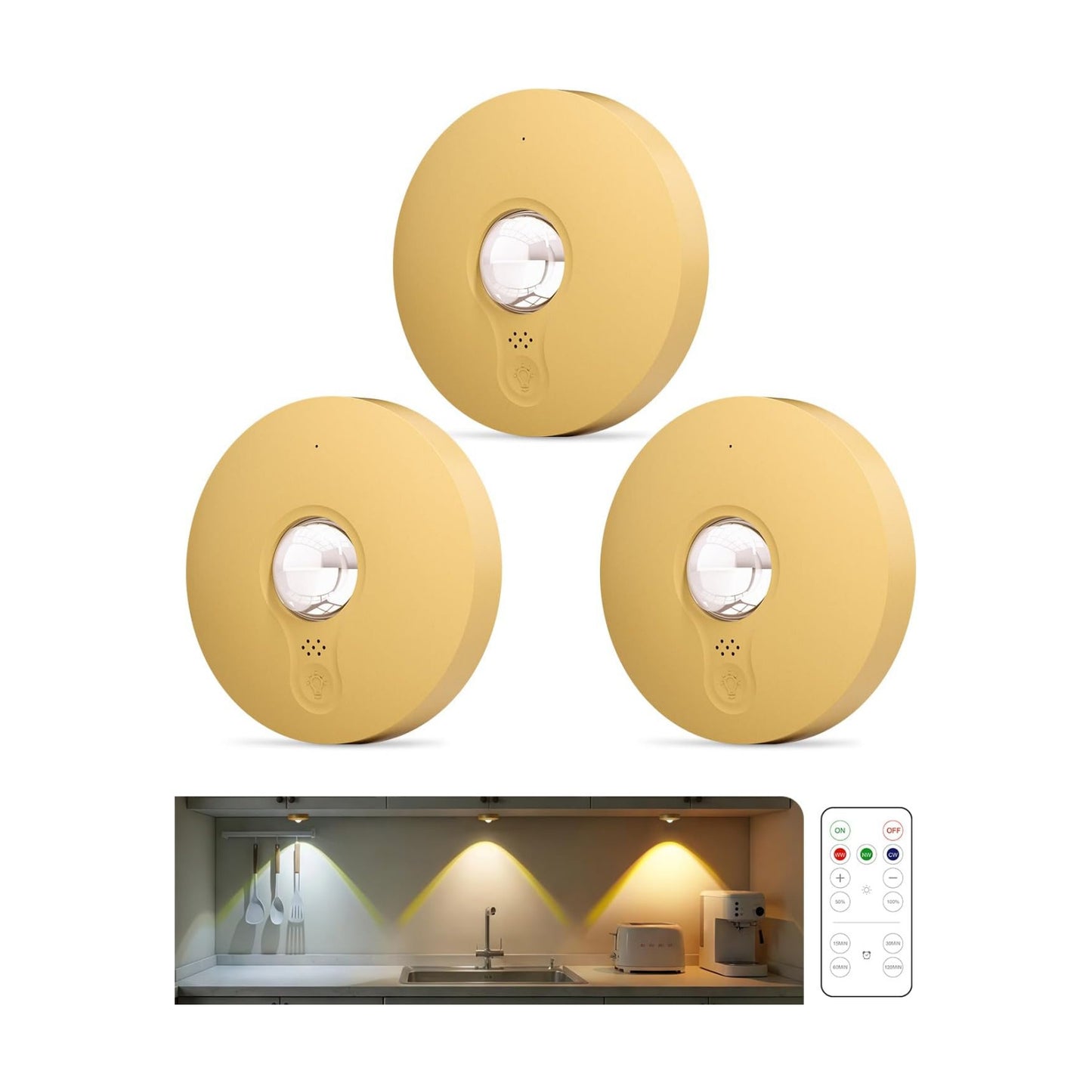 Rechargeable Puck Lights with Remote Control, 1500mAh Battery Operated Tap Lights, Dimmer & Timer Under Cabinet