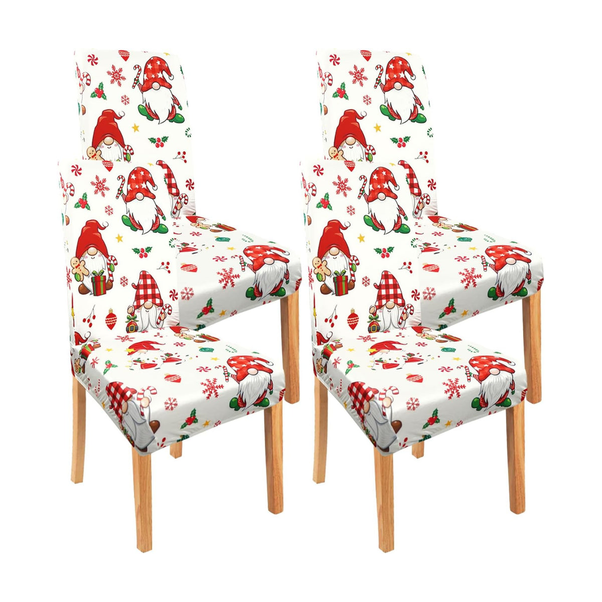 Christmas Chair Covers Set of 4, Winter Gnome Snowflake Holly Chair Protectors, Elastic Removable Washable Dining Chair Covers for Winter Christmas Kitchen Dining Room Holiday Decor