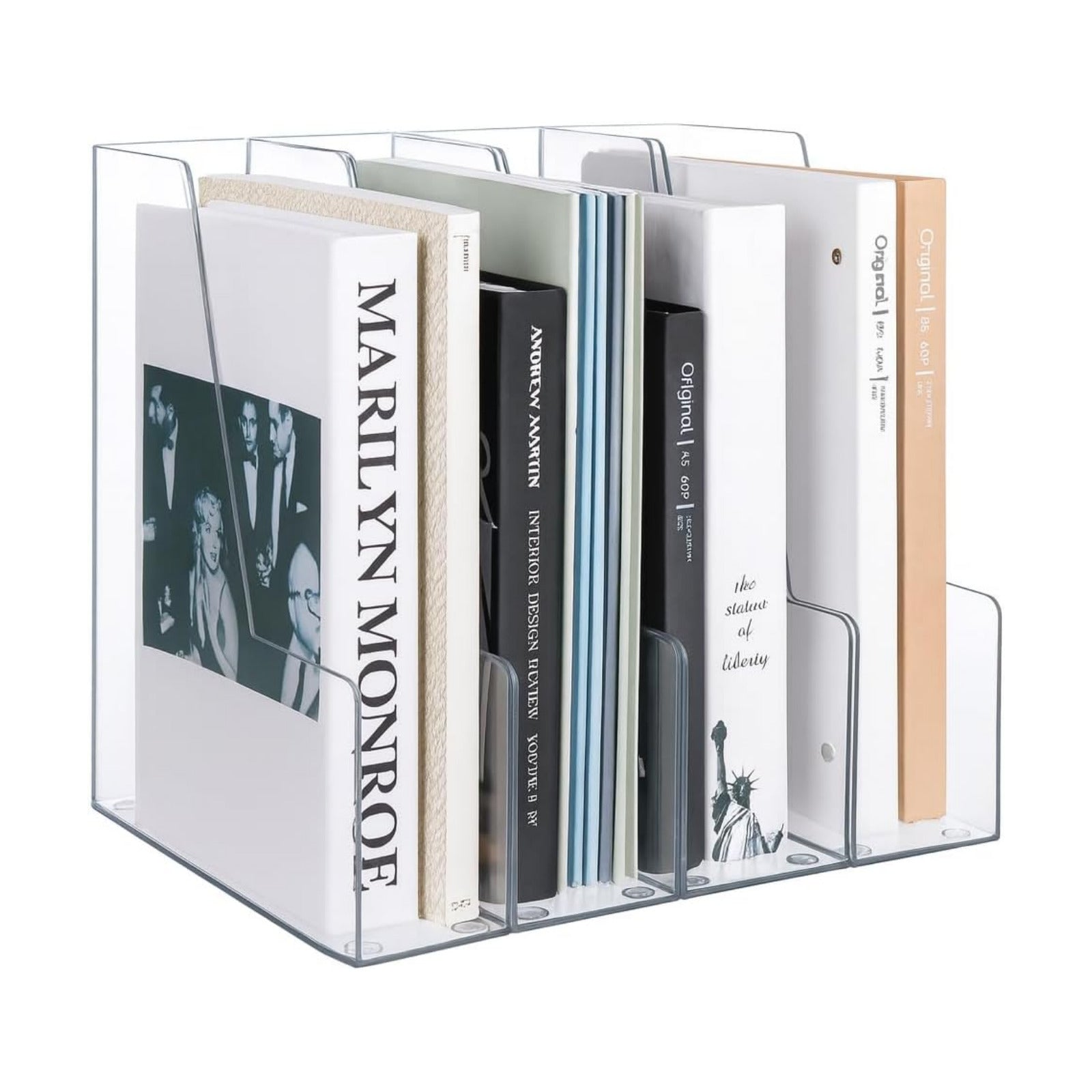 LALOBLUE Vertical Magazine File Holder, Clear, 4 Pack | Plastic, Holds Magazines, Binders, Notebooks, Envelopes, Desk