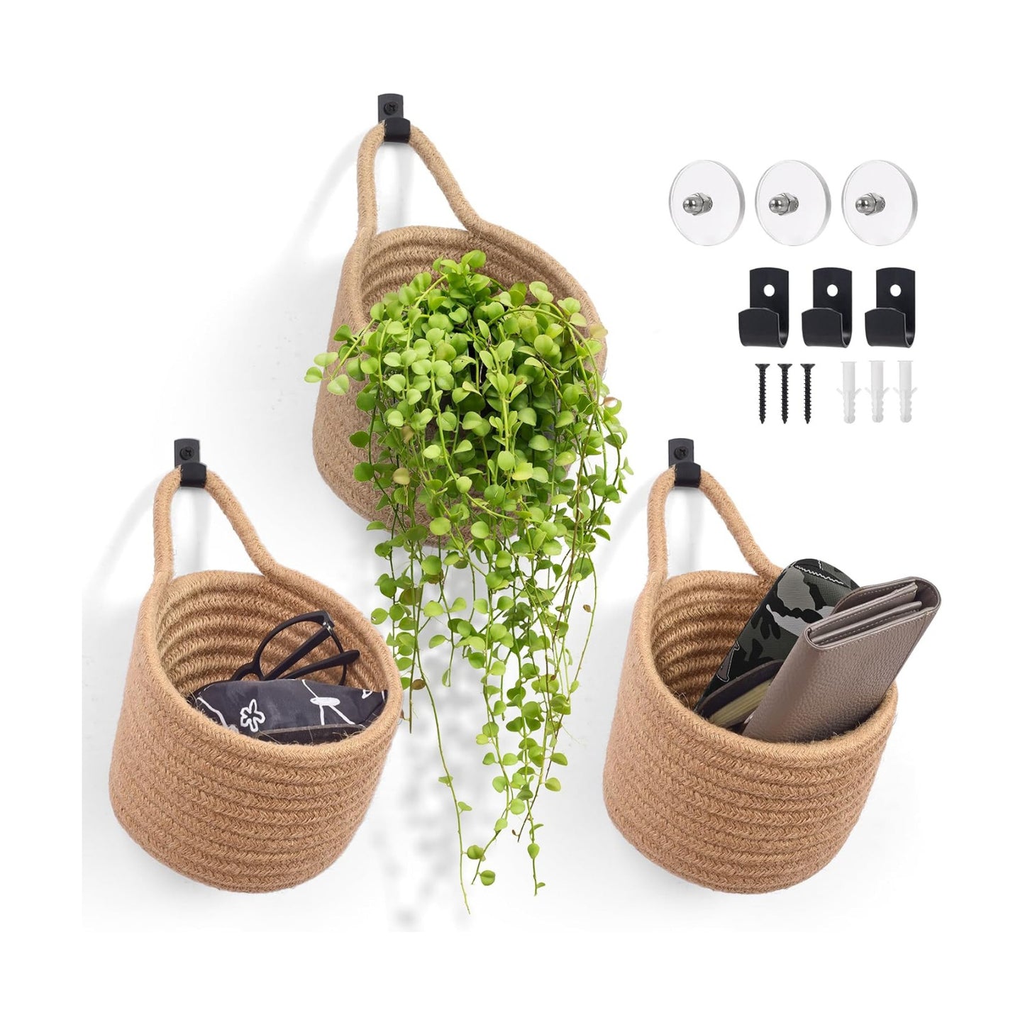 Adhesive Hooks / Storage Organizers / Linen & Black / Set of 3