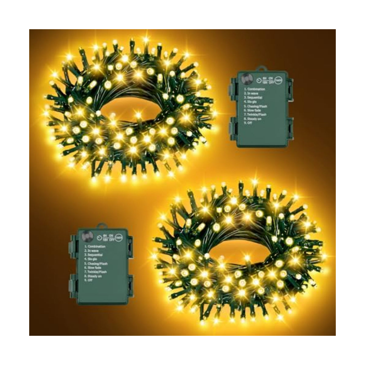 Christmas Lights Outdoor Battery Operated String Lights Total 100LED 33Ft with Timer 8 Modes 16.4Ft*2 Waterproof Outdoor Indoor for Christmas Decor, Warm White, 2-Pack