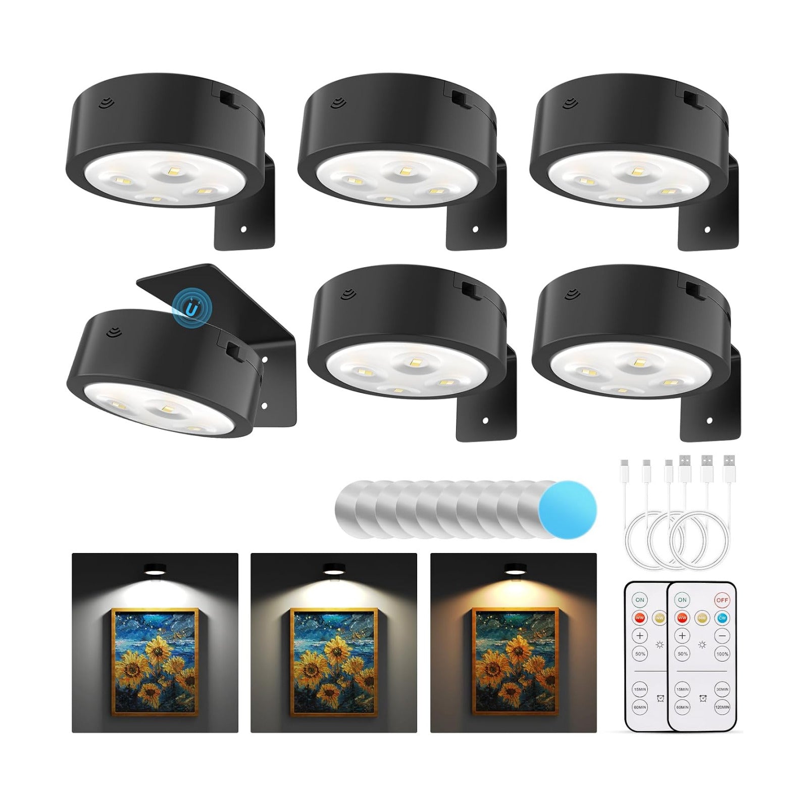 Narotood 6 Pack Picture Lights for Wall, Rechargeable Battery Operated Wall Lights, Picture Frame Lights with 3