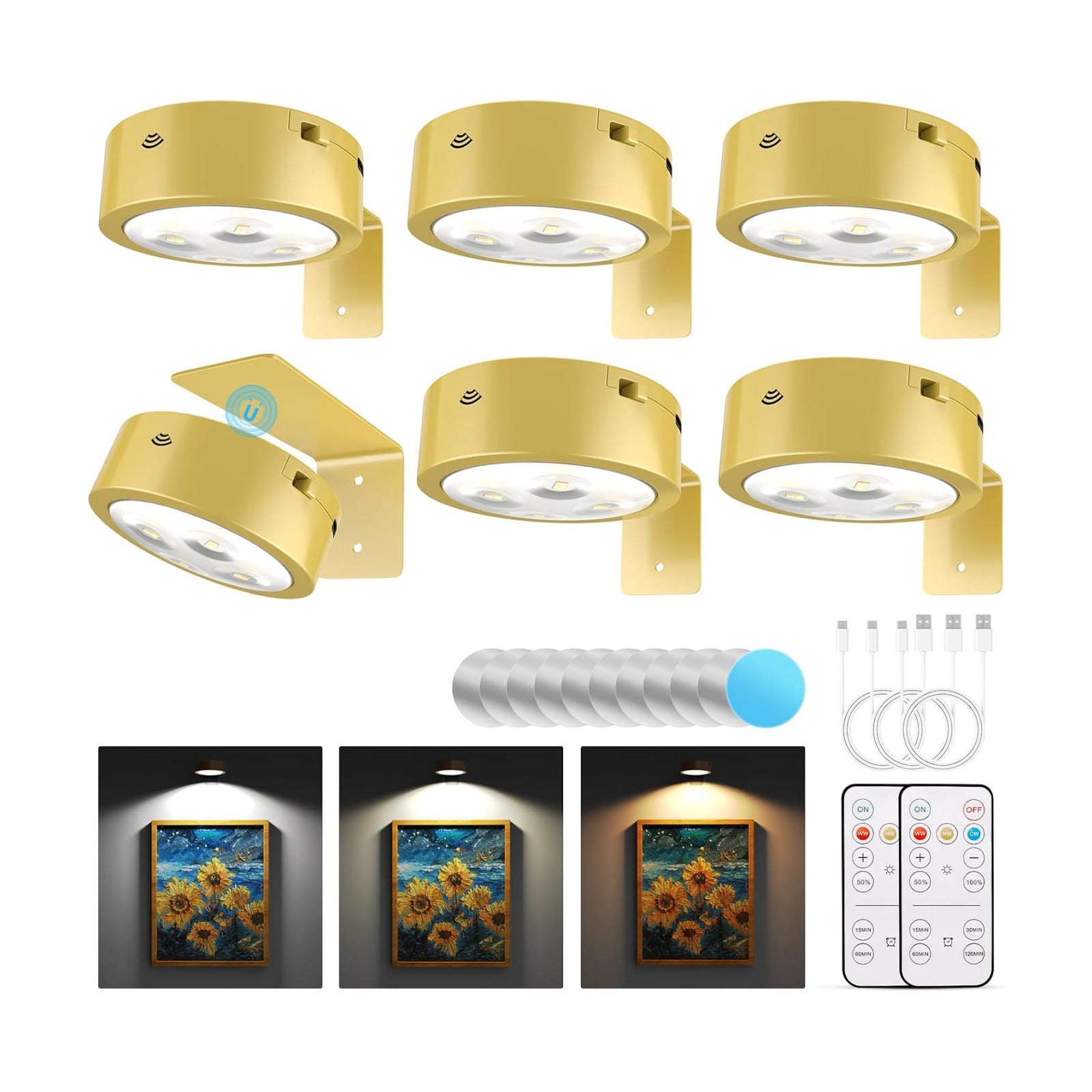 Narotood 6 Pack Picture Lights for Wall, Rechargeable Battery Operated Wall Lights, Picture Frame Lights with 3