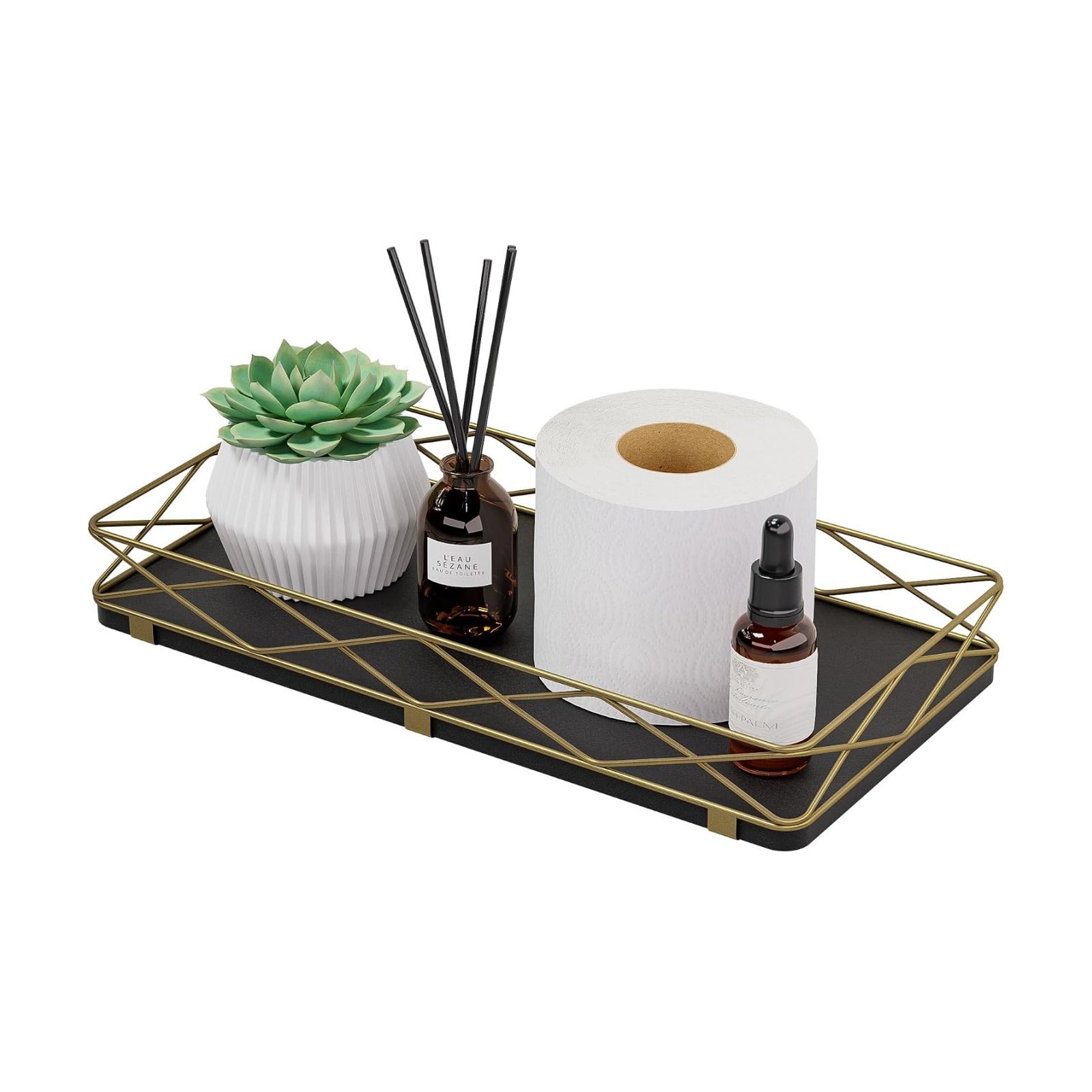 Wood and Metal Toilet Tray Vanity Organizer Bathroom Tray / Black+gold