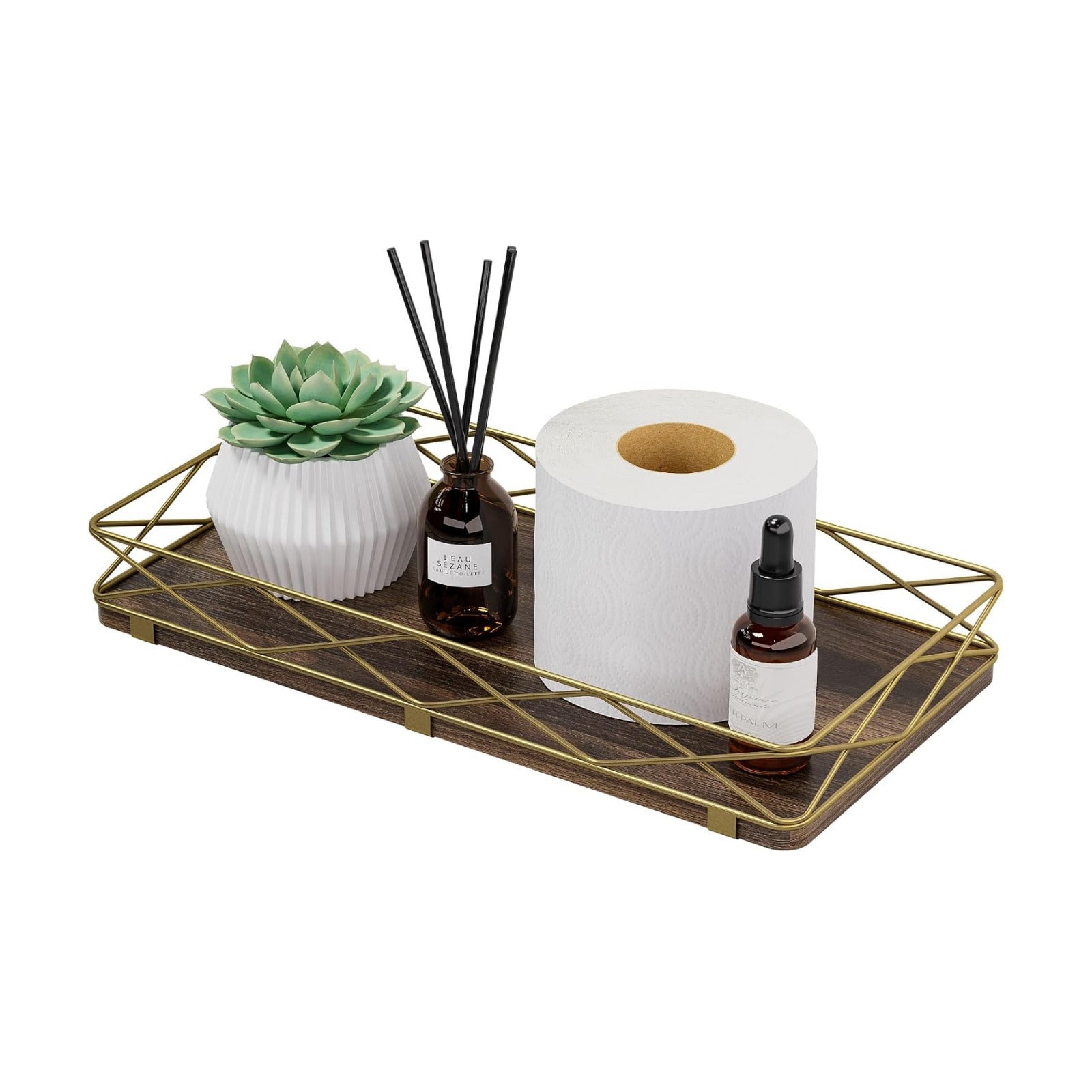 Wood and Metal Toilet Tray Vanity Organizer Bathroom Tray / Brown+gold