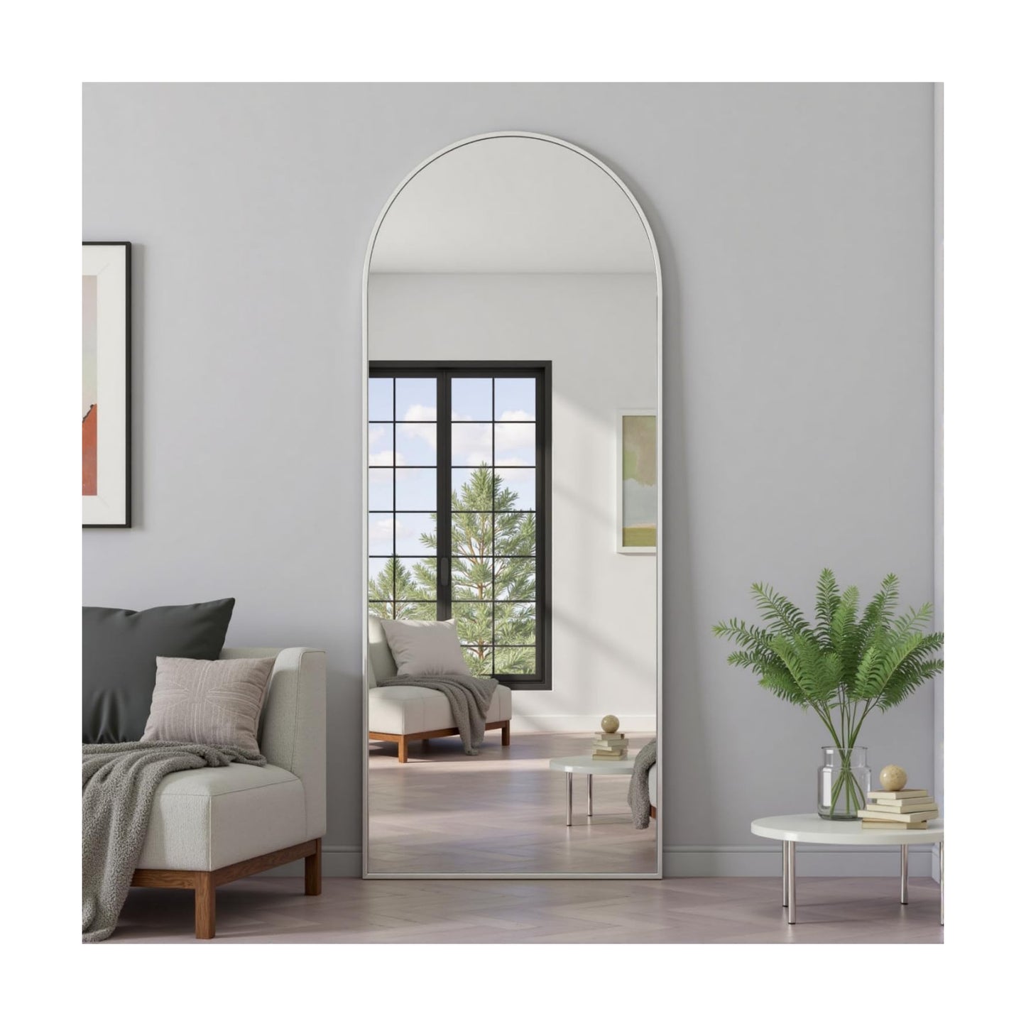 Prywot Full Length Mirror, 64"x21" Arched Floor Mirror with Stand, White