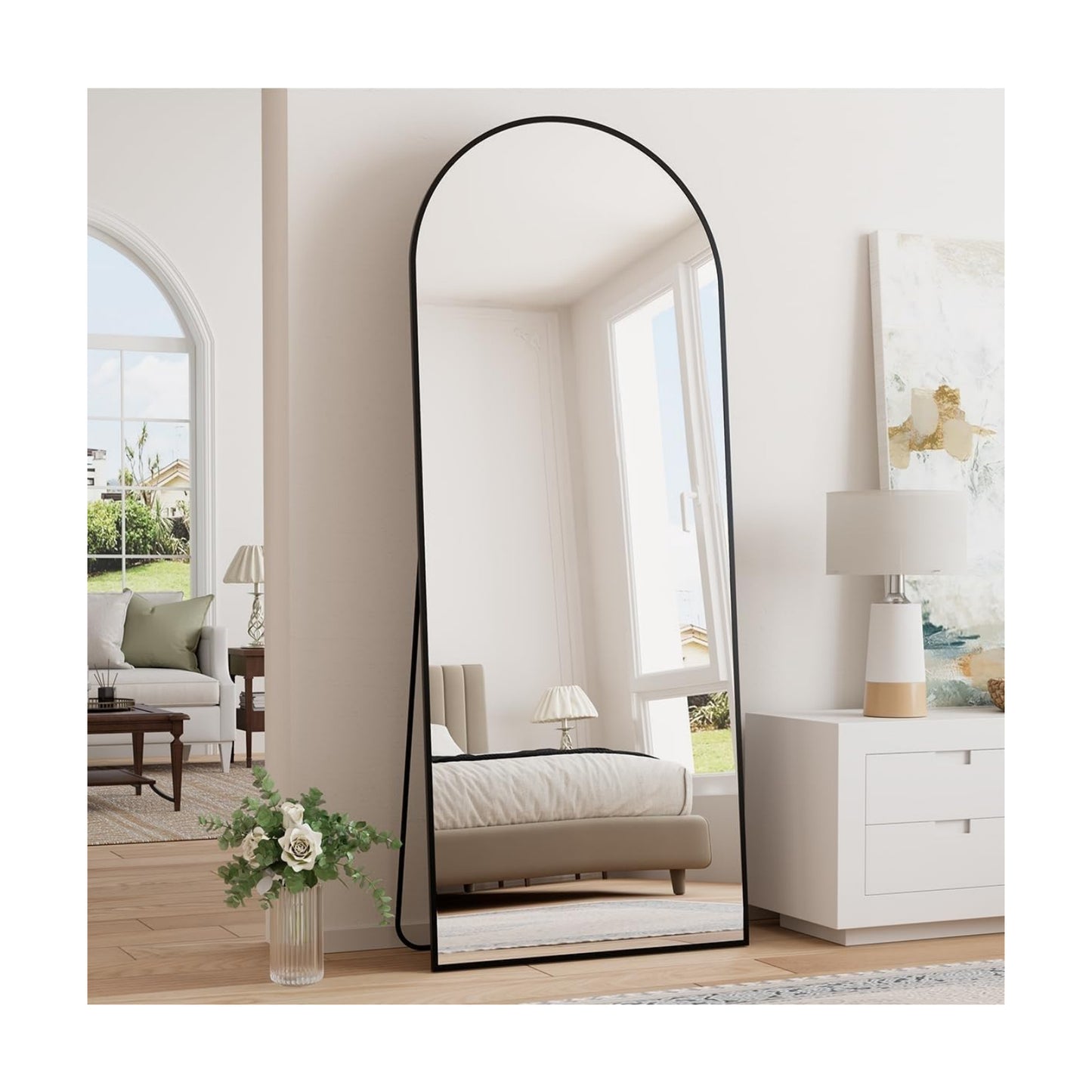 Prywot Full Length Mirror, 64"x21" Arched Floor Mirror with Stand, Black