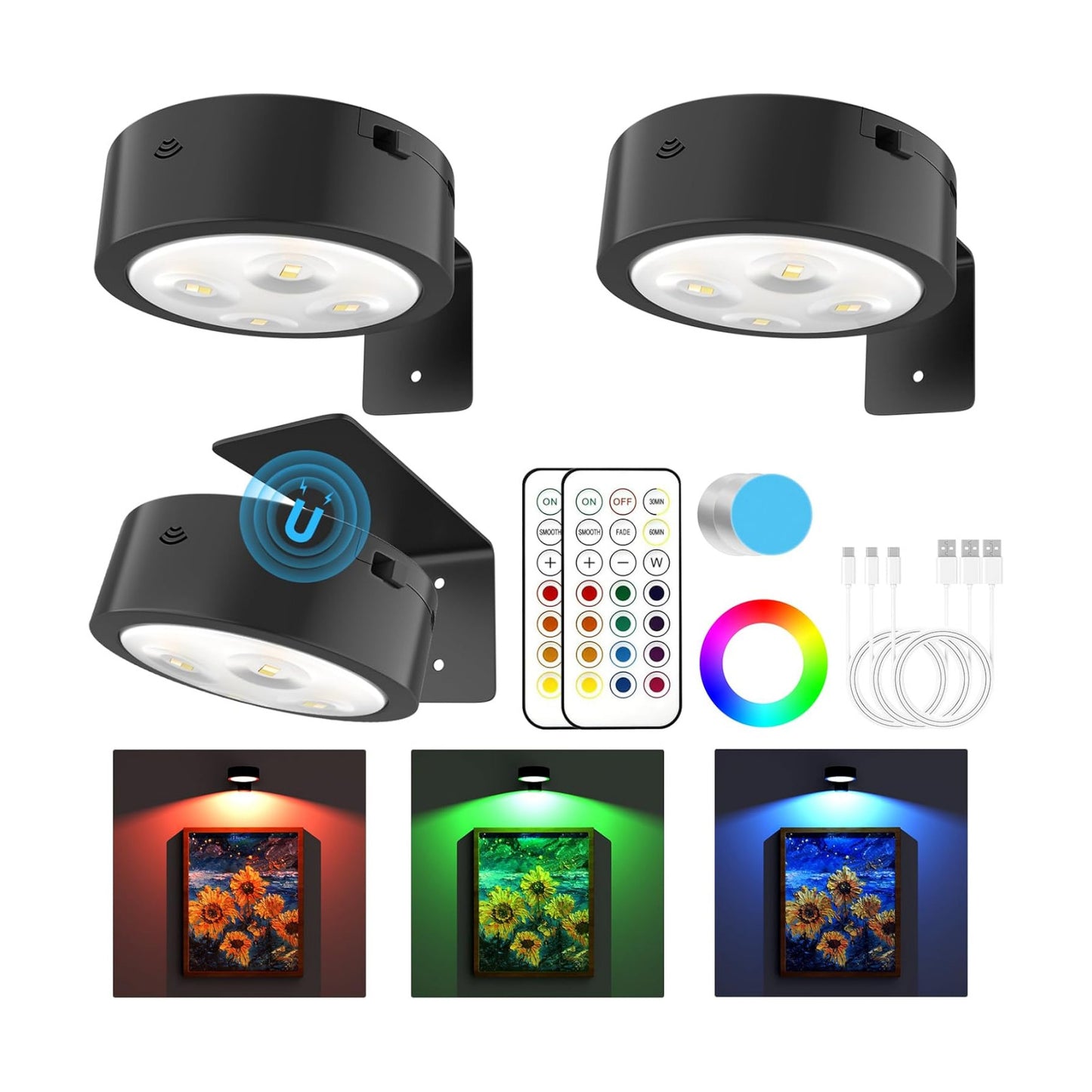 3 Pack Picture Lights for Wall, 13 RGB Color Rechargeable Battery Operated wall lights, Picture Frame lights with 3