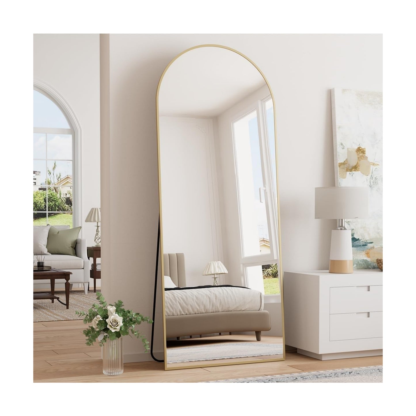 Prywot Full Length Mirror, 64"x21" Arched Floor Mirror with Stand, Gold