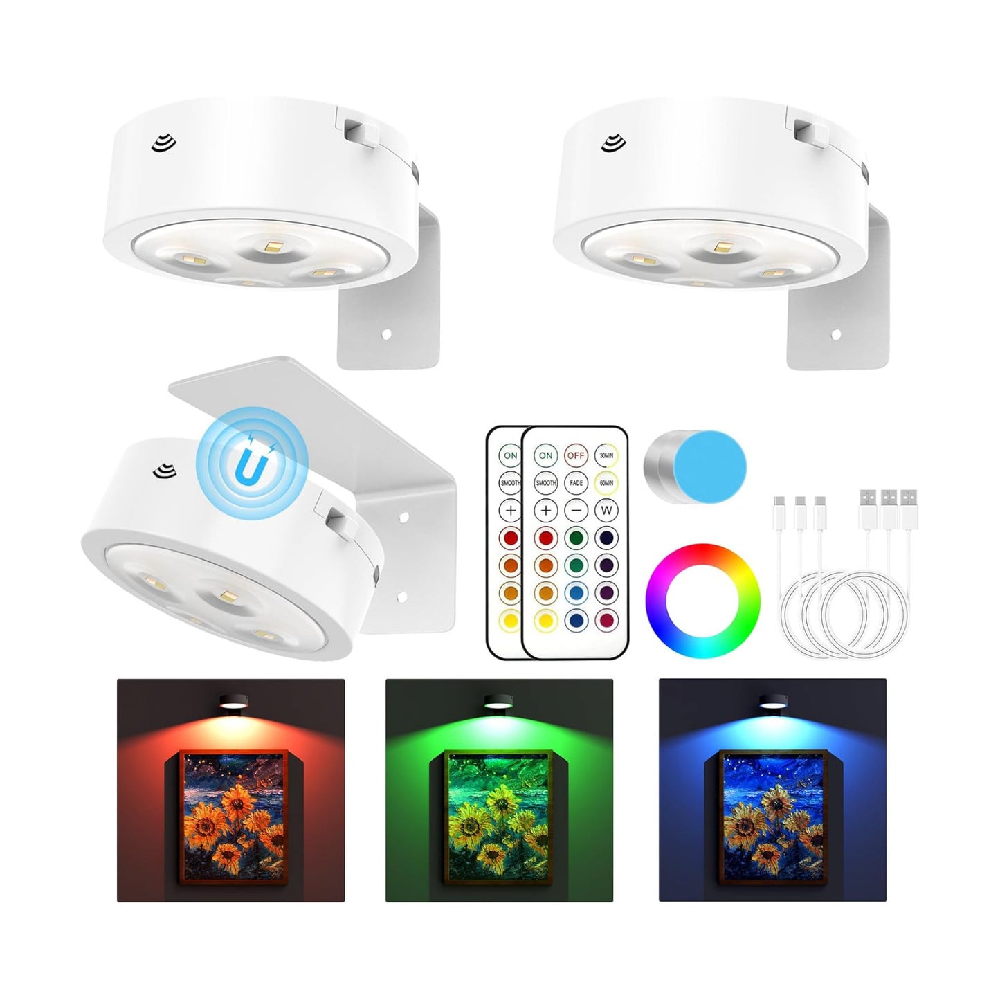 3 Pack Picture Lights for Wall, 13 RGB Color Rechargeable Battery Operated wall lights, Picture Frame lights with 3