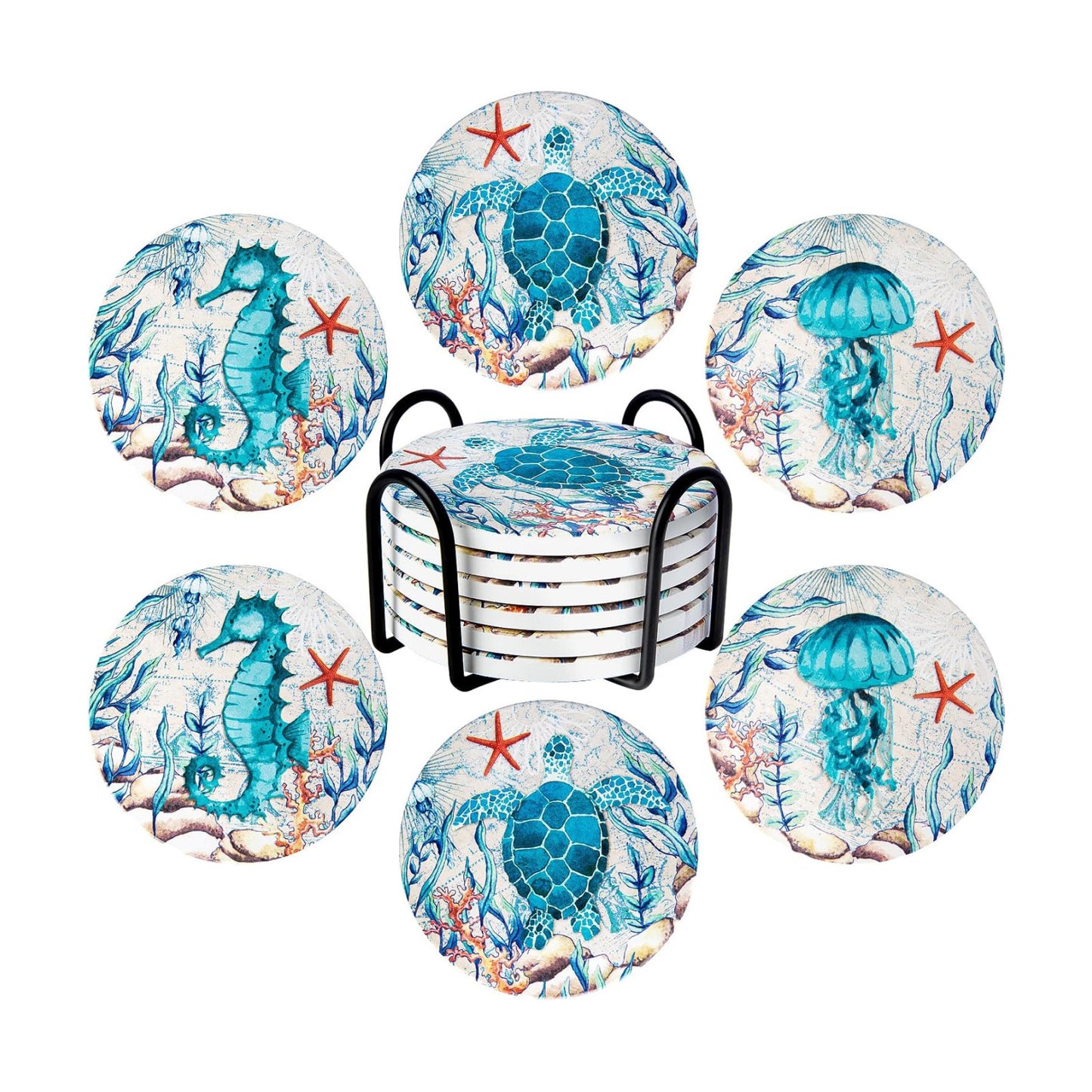 Holder Ceramic Absorbing Stone Sea Ocean Life Cork Base Coastal Decor Theme / Beach / Set of 6