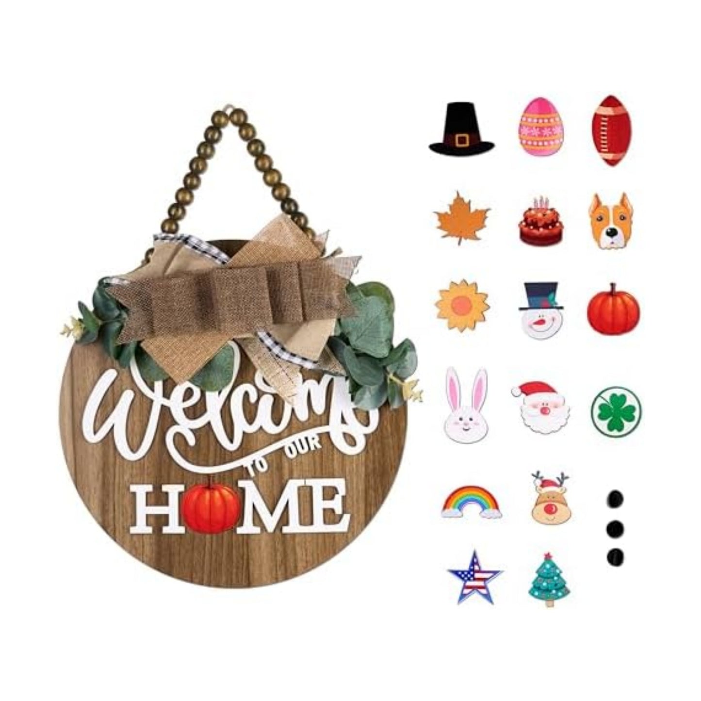 CondorPasea Interchangeable Welcome Door Sign with 16 Different Replaceable Patterns - 12" Round 3D Rustic Wooden Front