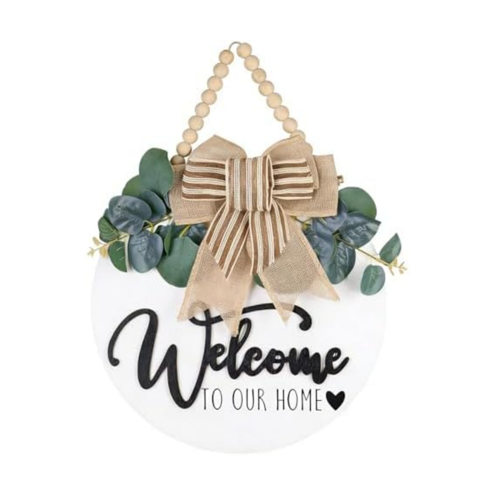 CondorPasea 3D Welcome Door Sign - 12" Round Solid Wooden Hanging Sign with Artificial Leaves & Rustic Beads, All