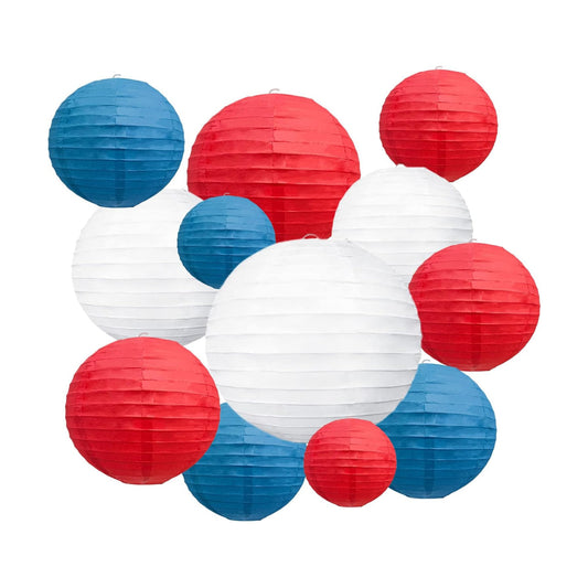 18Pcs Red Royal Blue White Paper Lanterns for Parties, 6” 8” 10” 12” Chinese Asian Hanging Round Paper Lanterns for 4 of July, Independence Day Home Decor Party Decor