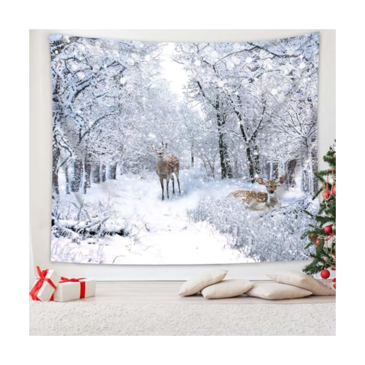 QGHOT Winter Tapestry Wall Hanging, Snow Scene Backdrop Winter Wonderland Wall Decor Snowy Forest Wall Art Nature Woodland Deer Tapestry for Bedroom Room Dorm Party Decoration, Large