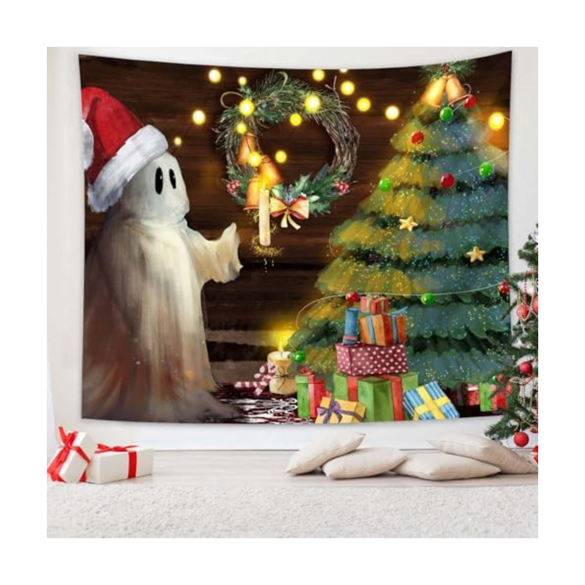 QGHOT Christmas Tapestry Wall Hanging Christmas Tree Backdrop Cute Ghost Wall Decor Xmas Holiday Tapestries for Kids Bedroom Living Room Dorm Party Decoration