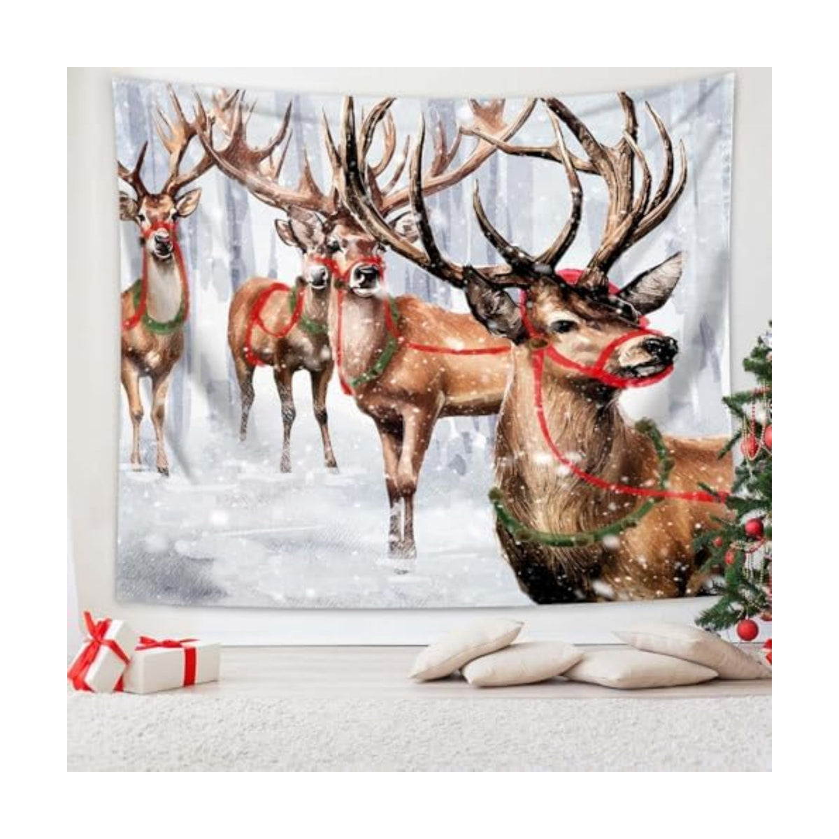 QGHOT Winter Tapestry Wall Hanging Winter Forest Backdrop Christmas Snowy Deer Wall Decor Snow Elk Tapestries for Bedroom Living Room Dorm Party Decoration, Large