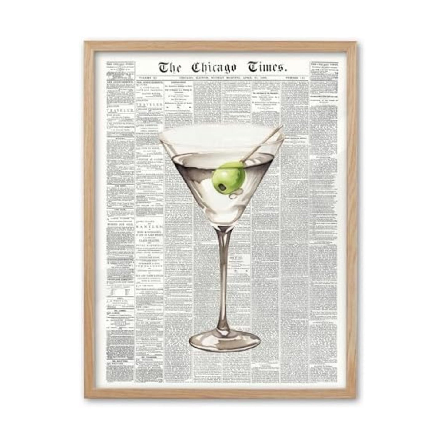EcoHest 12x16 in Martini Newspaper Framed Wall Art for Bar Cart
