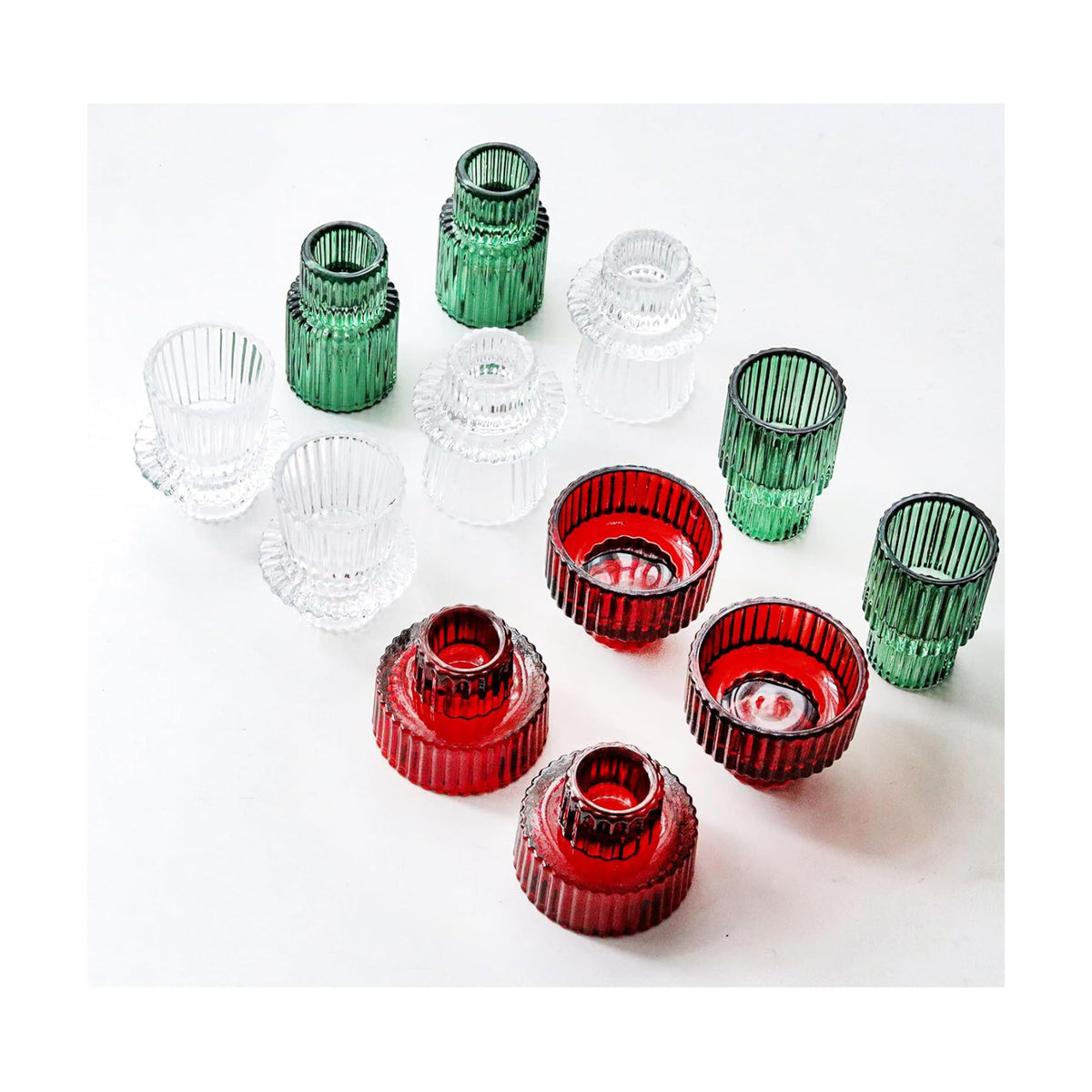 Christmas Candle Stick Holder Set Red Green Glass Taper Candle Holders for Tealight Candlestick Candle ChristmasTable Centerpieces Holiday Decor12PCS