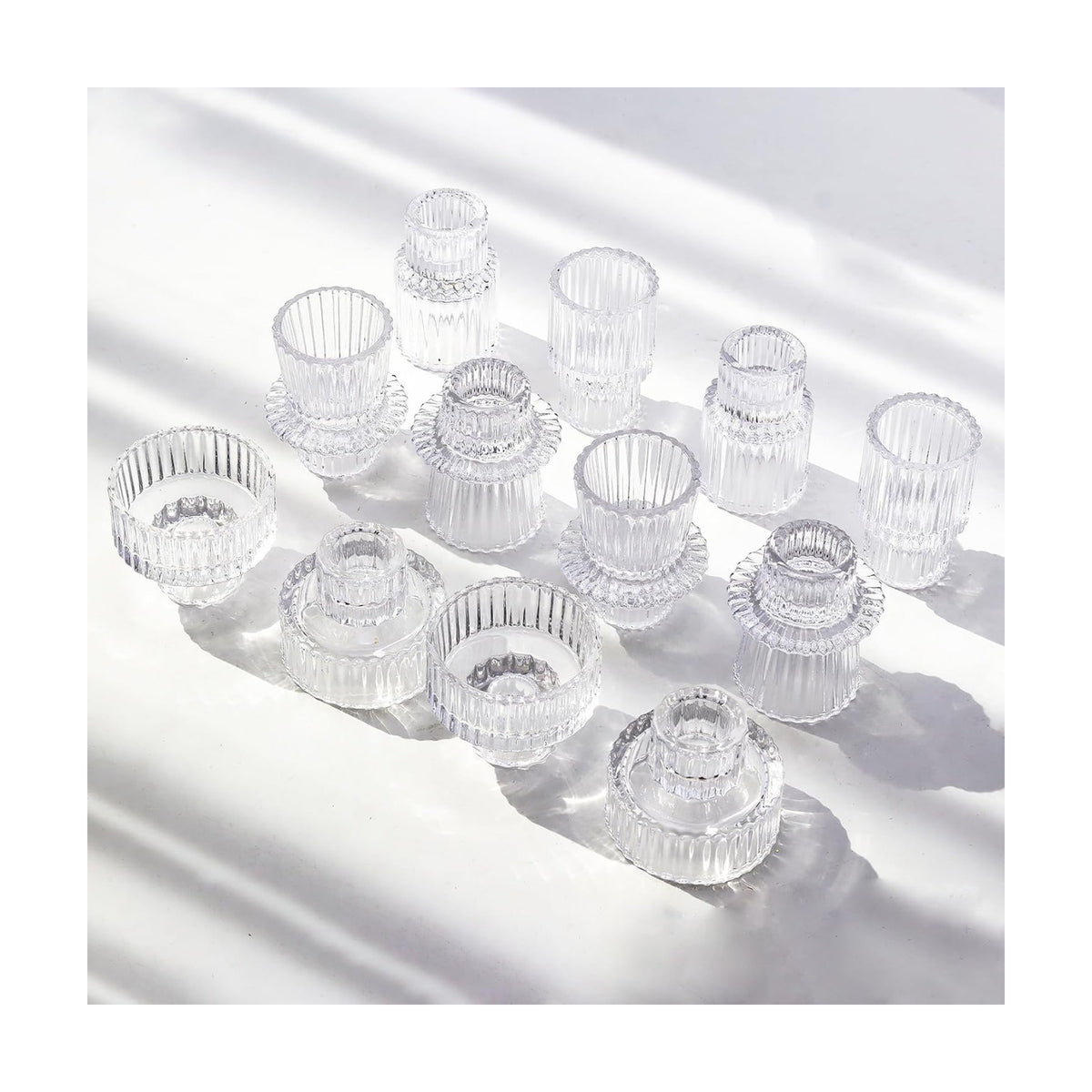 Clear Candlestick Holders 12PCS Ribbed Glass Taper Candle Holders for Tealight Stick Candles Table Centerpieces Thanksgiving Christmas Indoor and Outdoor Decorations