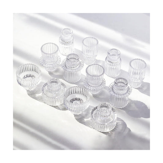 Clear Candlestick Holders 12PCS Ribbed Glass Taper Candle Holders for Tealight Stick Candles Table Centerpieces Thanksgiving Christmas Indoor and Outdoor Decorations