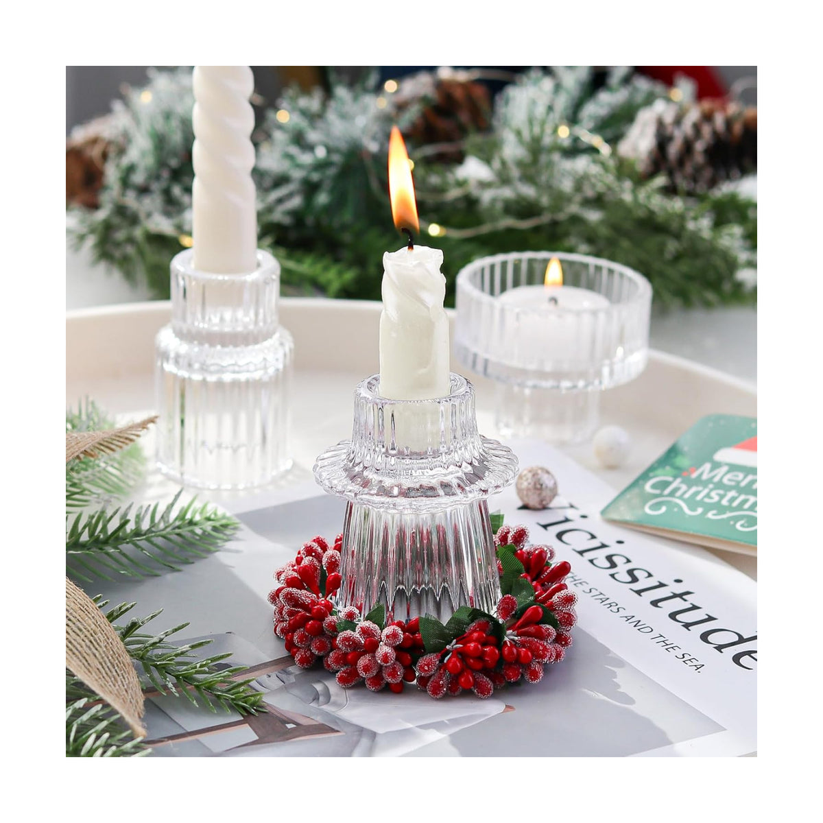 Ribbed Glass Candlestick Holders 6PCS Clear Candle Stick Holders for Tealight Taper Candles Dining Table Centerpieces Holiday Decoration