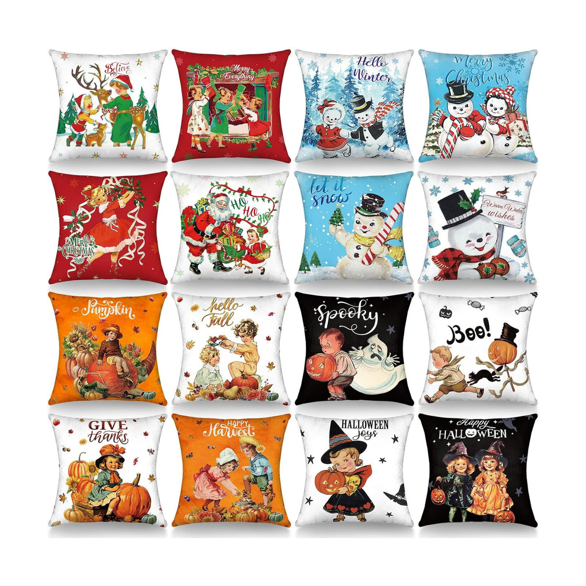 GlikCeil Set of 16 Halloween Pillow Covers 18 x 18 Inch Holiday Throw Pillow Covers Christmas Winter Fall Seasonal Pillowcases Decorative Cushion Pillowcases for Farmhouse Home Couch Sofa Decor