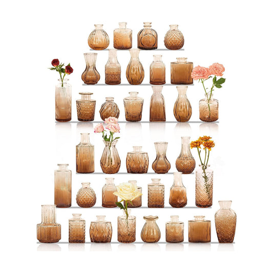 Bud Vases Set Small Vintage Glass Bottles Bud Vases in Bulk Multiple Shape Glass / Amber / Set of 36