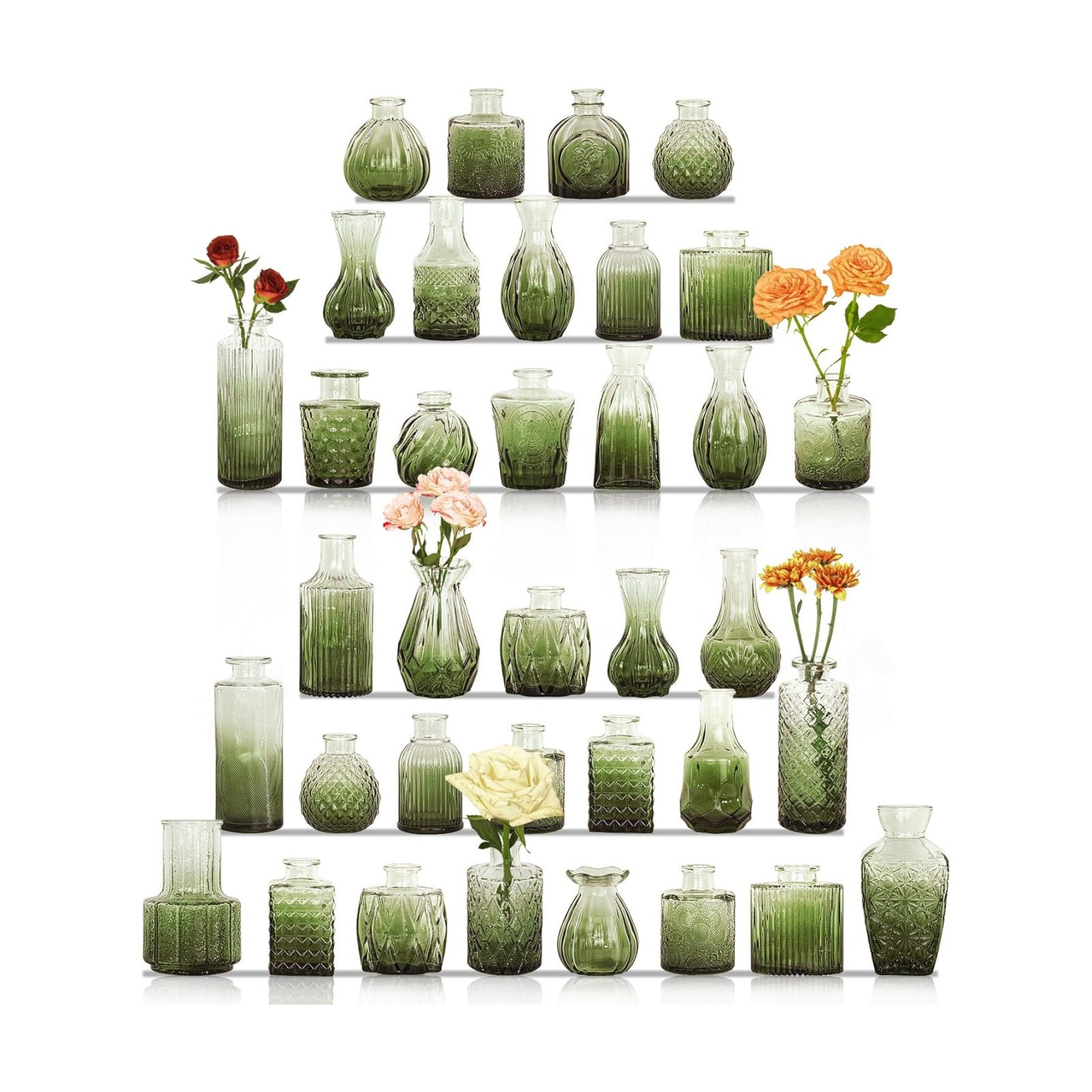 Bud Vases Set Small Vintage Glass Bottles Bud Vases in Bulk Multiple Shape Glass / Green / Set of 36
