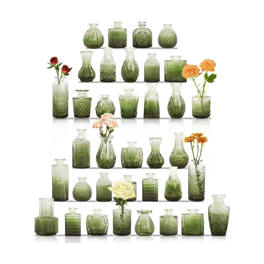 Bud Vases Set Small Vintage Glass Bottles Bud Vases in Bulk Multiple Shape Glass / Green / Set of 36