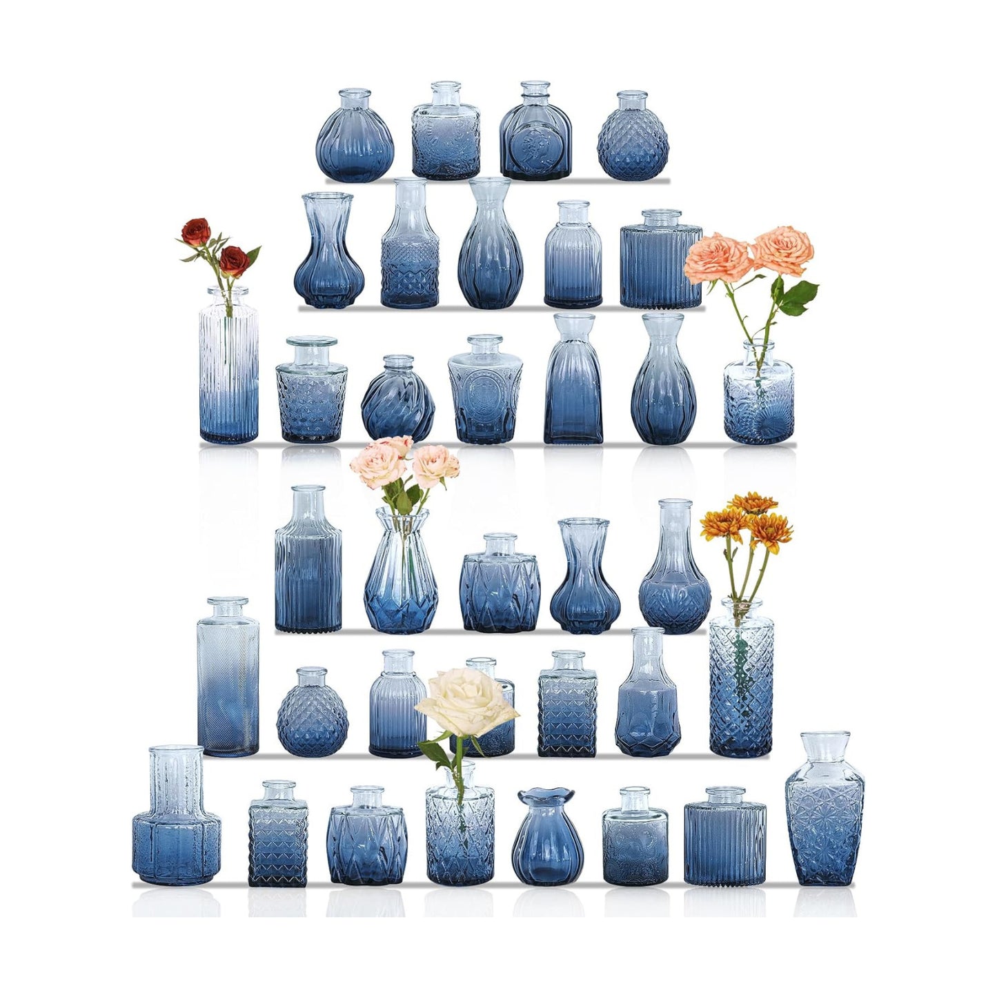 Bud Vases Set Small Vintage Glass Bottles Bud Vases in Bulk Multiple Shape Glass / Blue / Set of 36