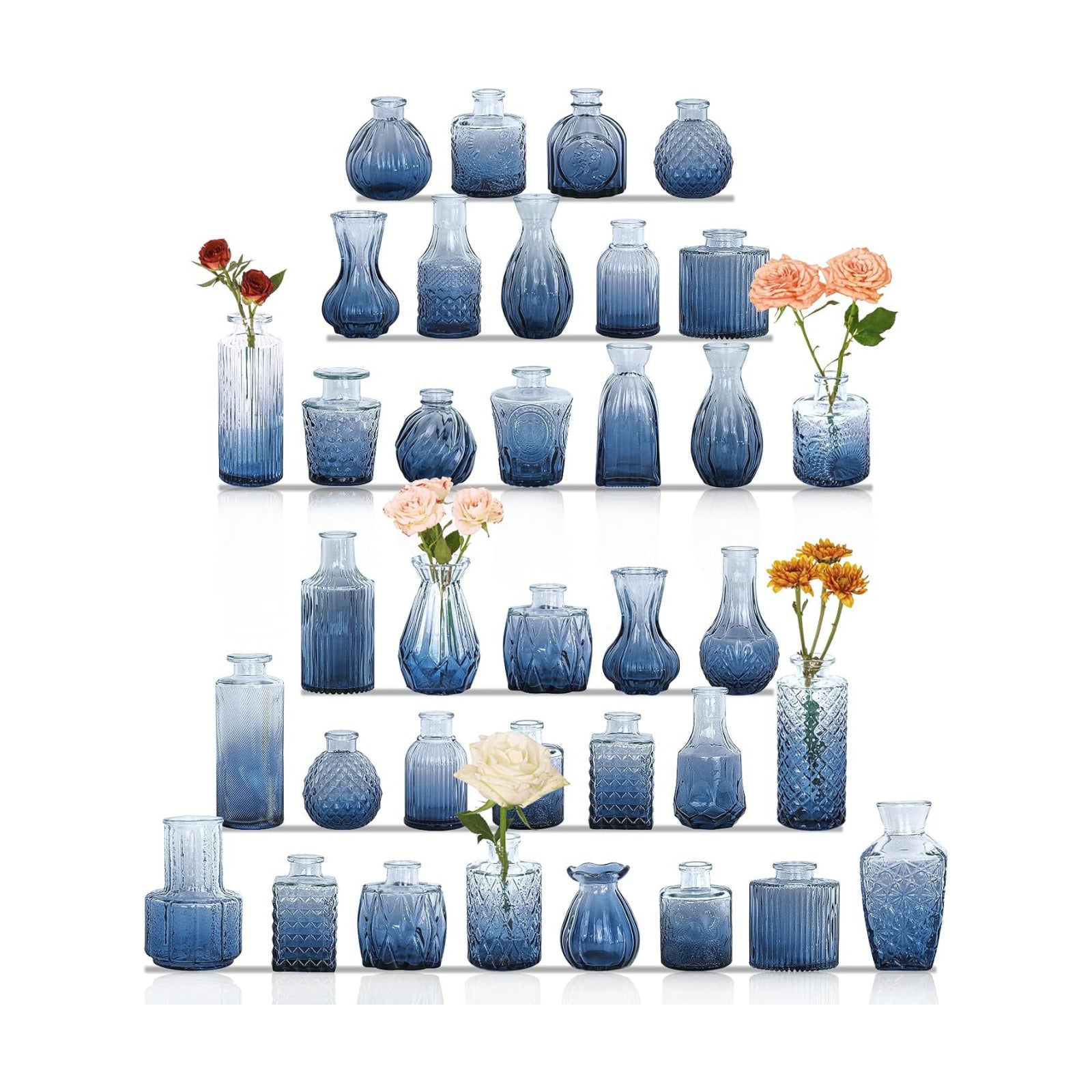 Bud Vases Set Small Vintage Glass Bottles Bud Vases in Bulk Multiple Shape Glass / Blue / Set of 36