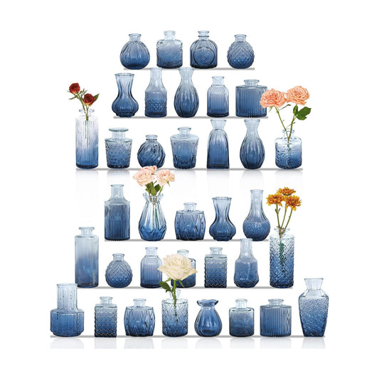 Bud Vases Set Small Vintage Glass Bottles Bud Vases in Bulk Multiple Shape Glass / Blue / Set of 36