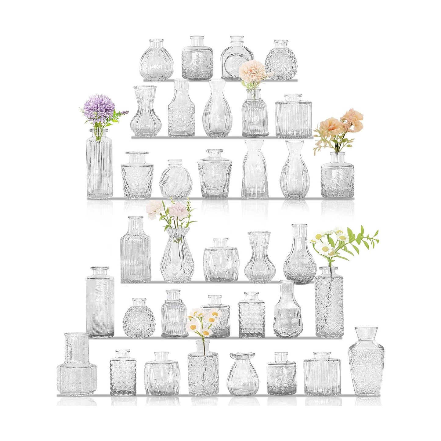 Bud Vases Set Small Vintage Glass Bottles Bud Vases in Bulk Multiple Shape Glass / Clear / Set of 36