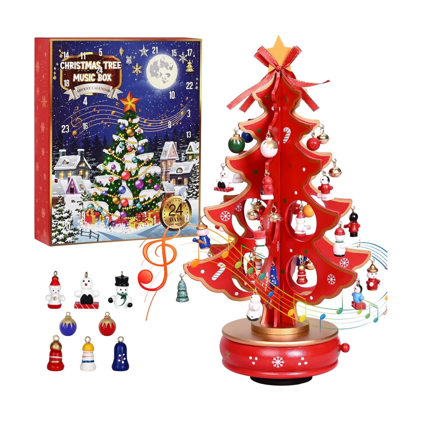Uspring Christmas 24 Days Countdown Advent Calendar 2025, Musical Wooden Christmas Tree with Classic Music Box and 36