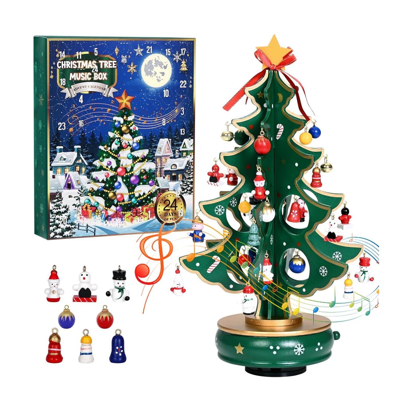 Uspring Christmas 24 Days Countdown Advent Calendar 2025, Musical Wooden Christmas Tree with Classic Music Box and 36
