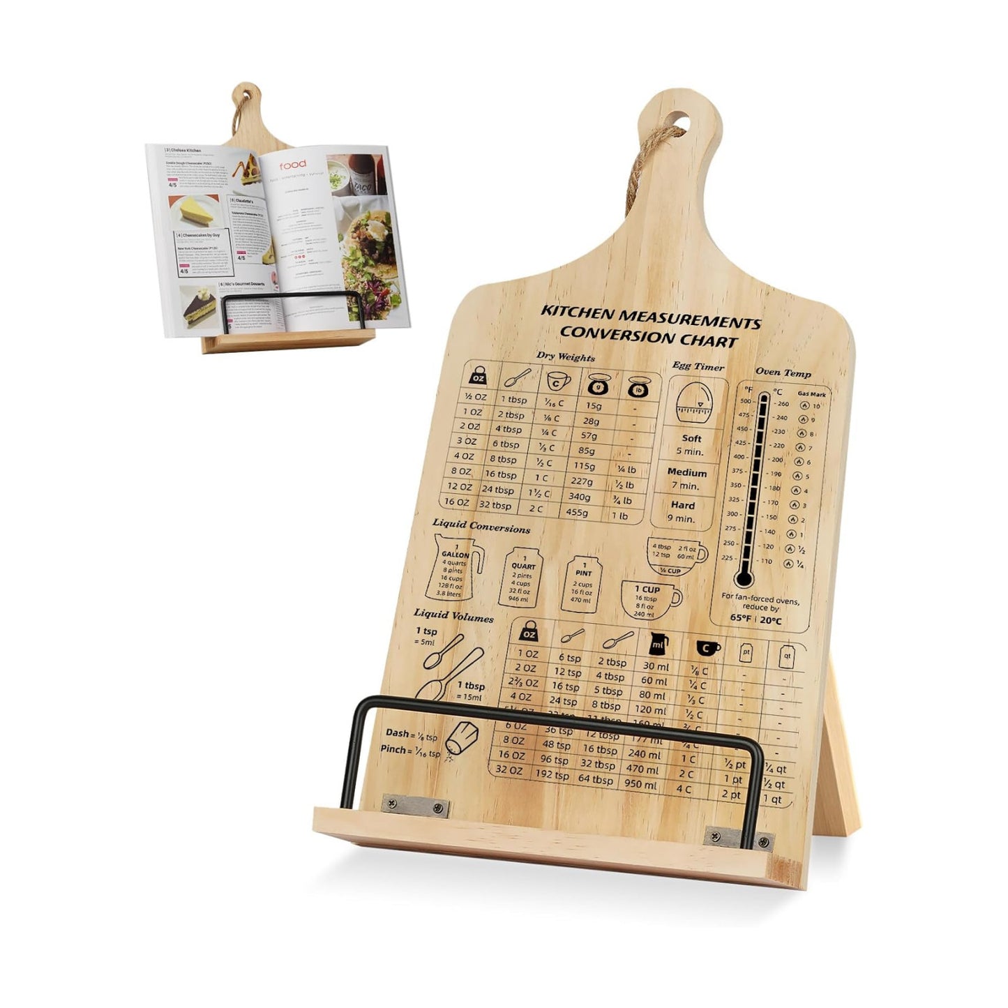 Kitchen Conversion Chart Cookbook Stand, Wood Cook Book Holder, Recipe Cookbook Holder Stand with Kitchen Counters