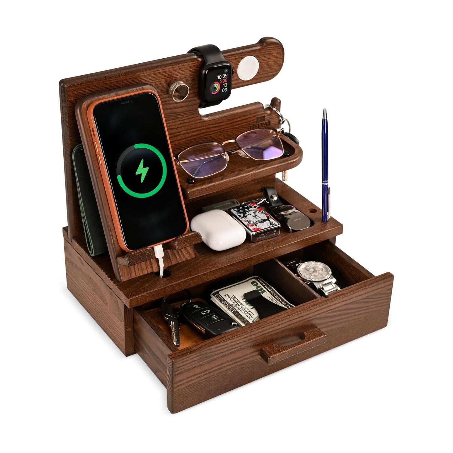 TESLYAR Wood Phone Docking Station with Drawer - Nightstand Organizer - Desk Organizer for Husband - Birthday Gifts for