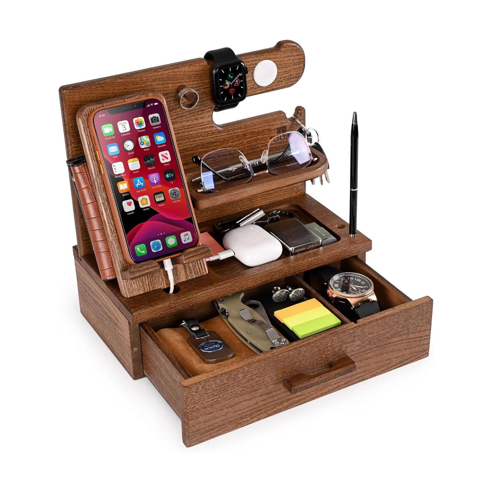 TESLYAR Wood Phone Docking Station with Drawer - Nightstand Organizer - Desk Organizer for Husband - Birthday Gifts for