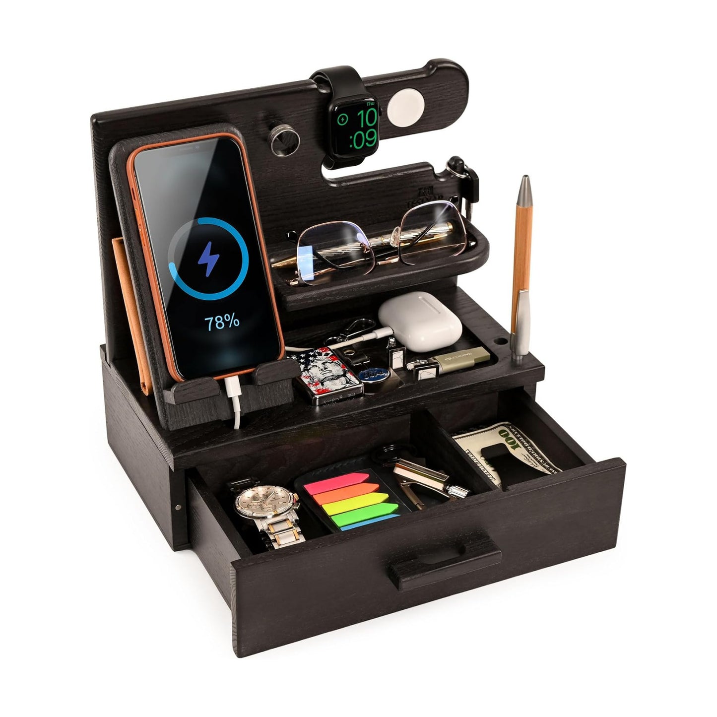 TESLYAR Wood Phone Docking Station with Drawer - Nightstand Organizer - Desk Organizer for Husband - Birthday Gifts for