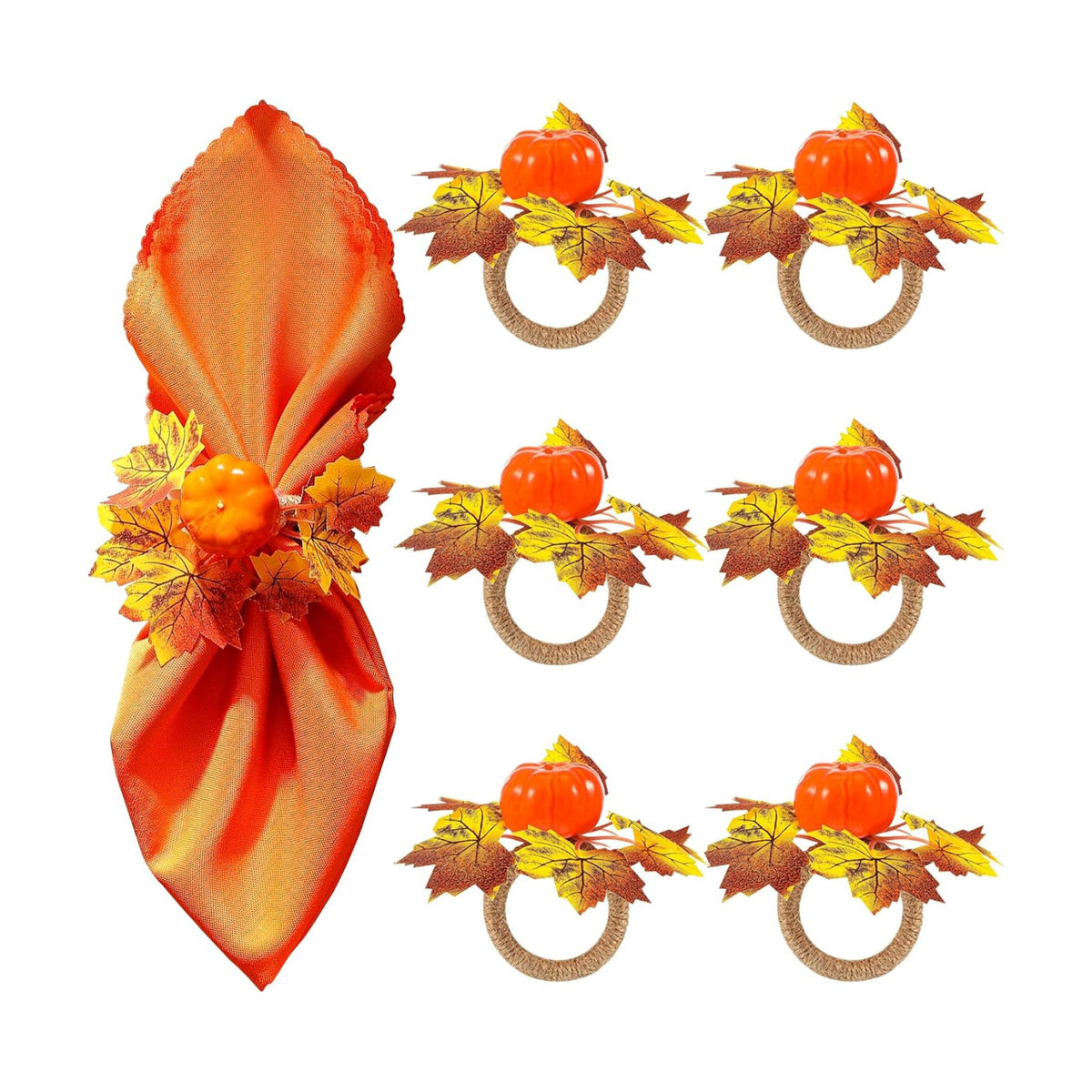 Thanksgiving Napkin Rings Set of 6, Pumpkin Napkin Rings for Holiday Dinner Table Decor, Maple Leaves Napkin Rings for Fall Table Decoration