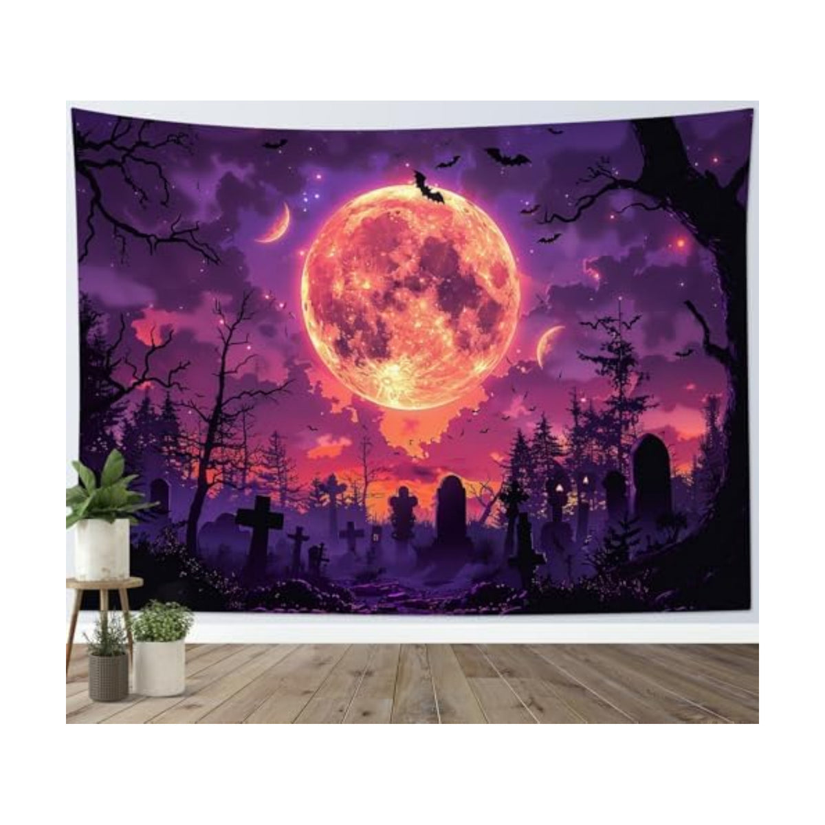 LB Spooky Halloween Tapestry Wall Hanging Black Bat Dead Tree Horror Graveyard Tapestry Purple Moon Night Forest Tapestries Backdrop Art Decor for Bedroom Living Room College Dorm,59Wx51H inch