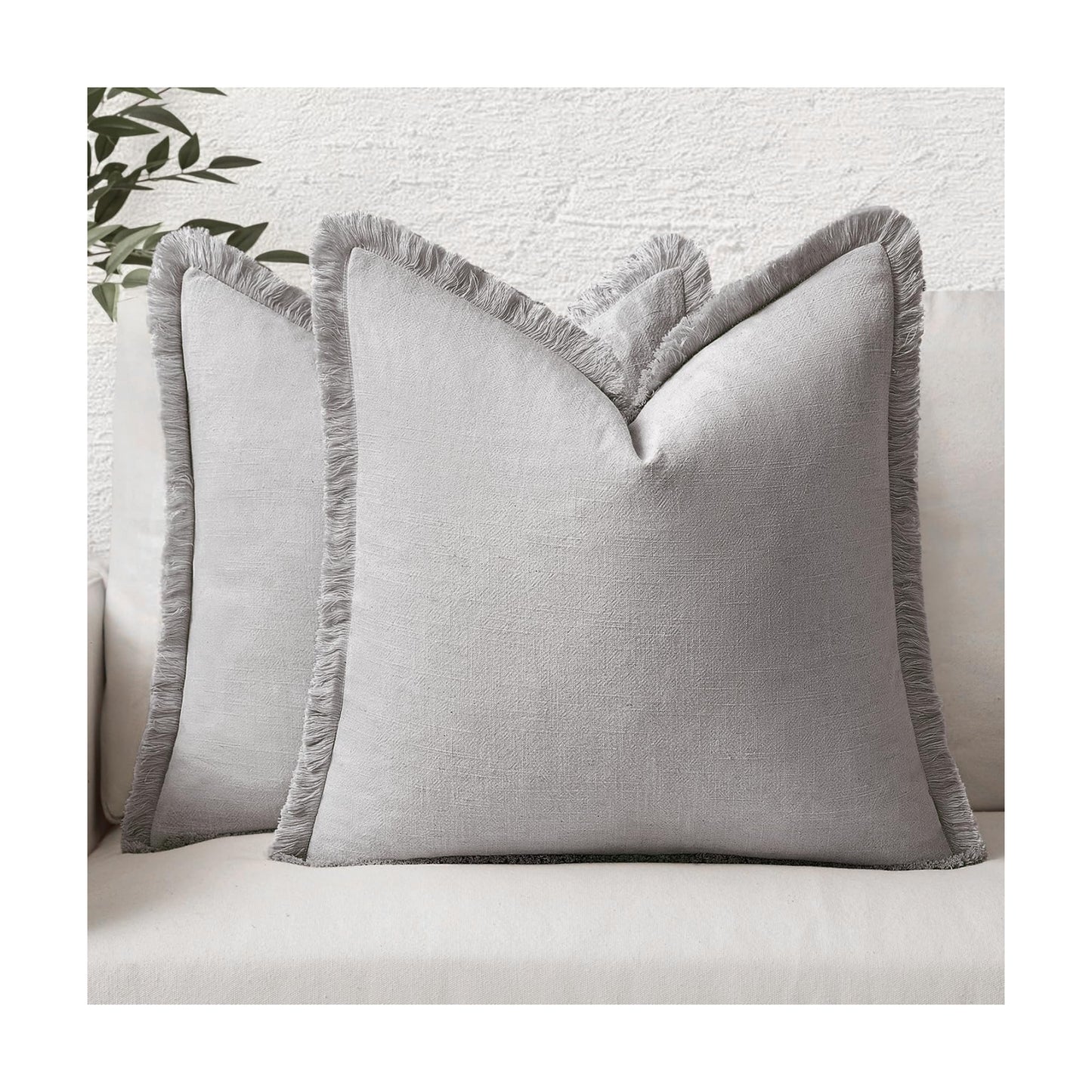 MIULEE Linen Fringe Decorative Euro Throw Pillow Covers Light Grey 24x24
