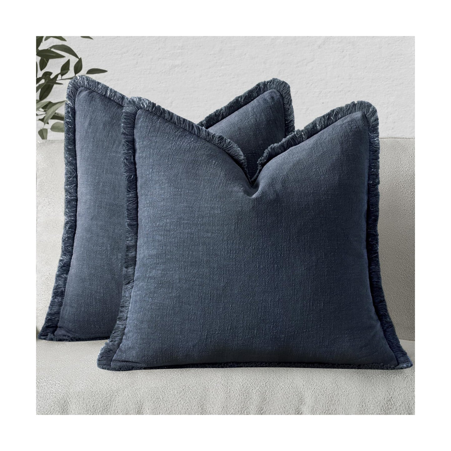 MIULEE Linen Fringe Decorative Euro Throw Pillow Covers Indigo Blue 24x24