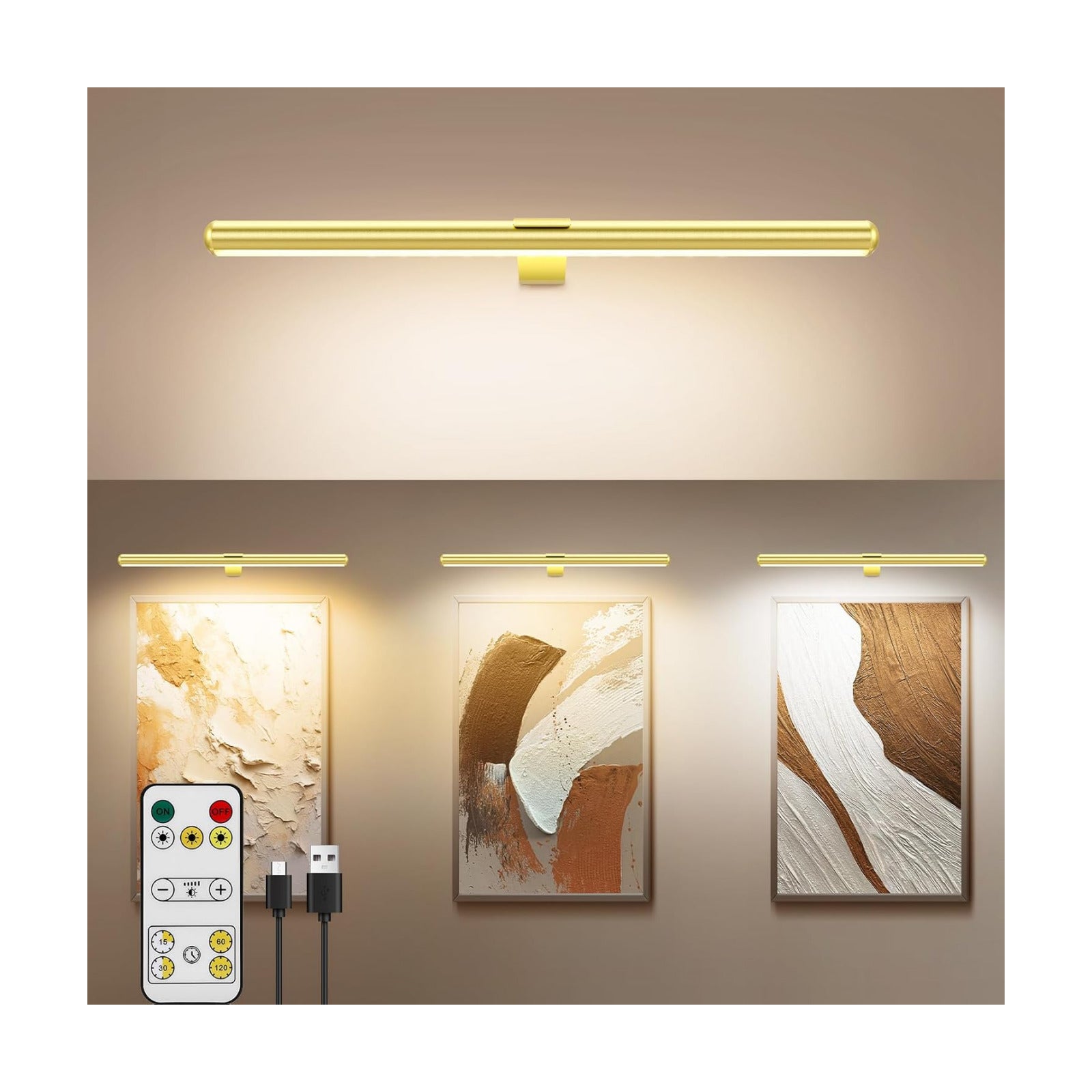 22'' Picture Light Gold for Painting with 3 Lighting,Rechargeable Wall Art Light for Painting Brightness