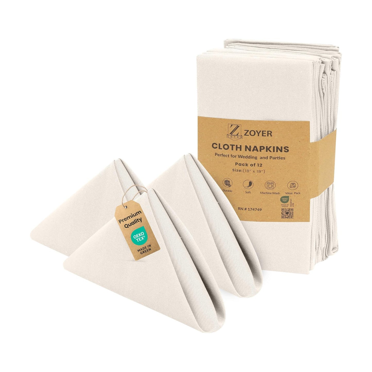 Zoyer Cloth Napkins Set of 12, Cotton Enrich 18”x18” - Ivory | Washable, Soft, Durable & Absorbent Everyday Napkins.