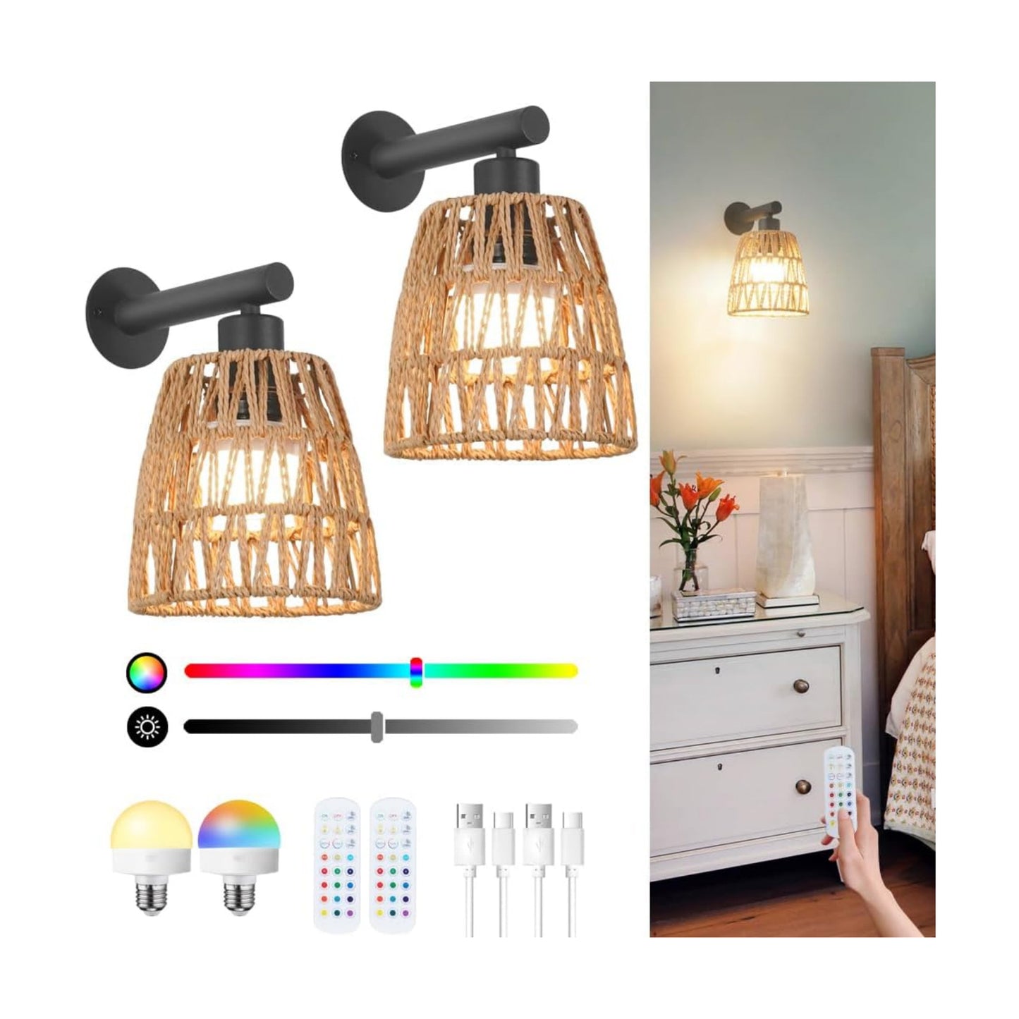 Boho Battery Operated Wall Sconces, Rattan Wall Sconce Set of 2 with Remote, RGB 15 Colors Dimmable Rechargeable Wall