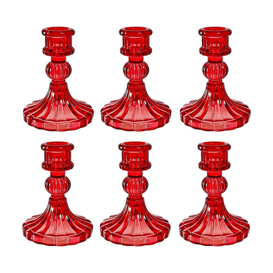 Red Glass Candlestick Holders, Taper Candle Holders, Set of 6