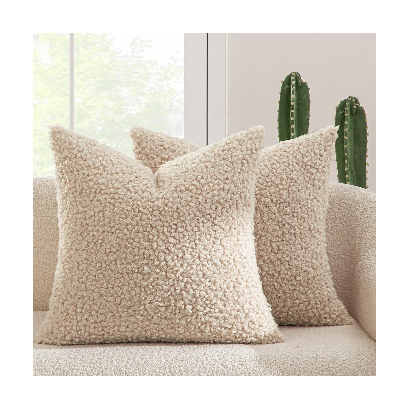 Faux Fur Throw Pillow Covers Boucle Decorative Sherpa Pillow / 18 x 18 / Neutral Oatmeal / Set of 2