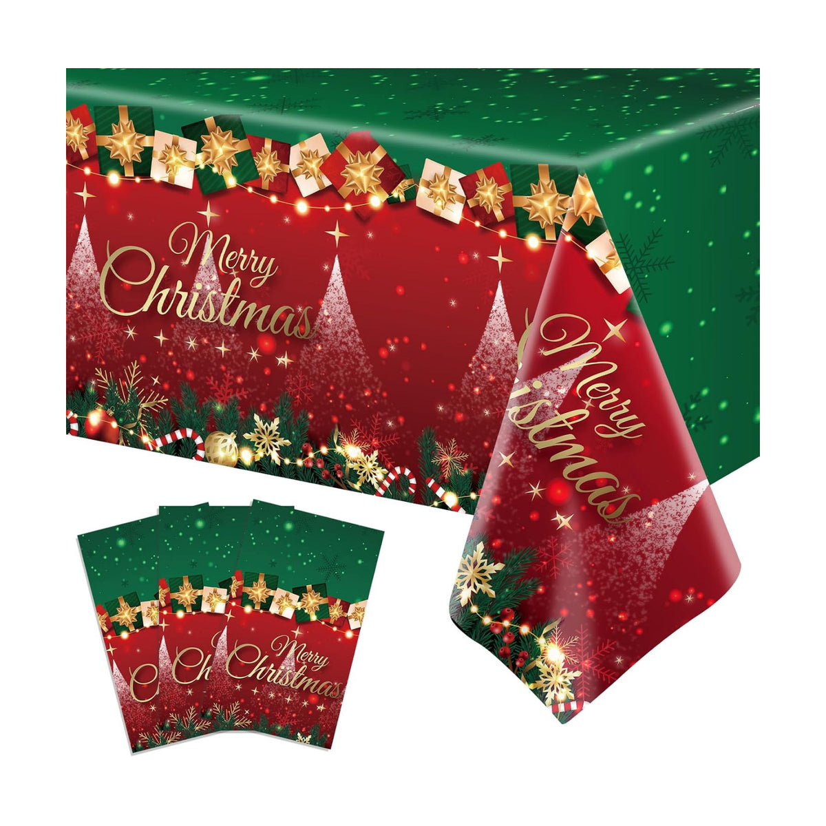 3-Piece 54 x 108 Inch Merry Christmas Plastic Tablecloth - Red and Green Design with Christmas Tree Holiday Decorations, Disposable Rectangle Table Cover for Xmas Party Supplies, Indoor Outdoor Decor